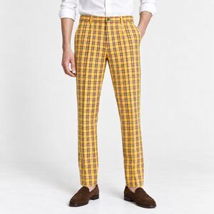 Mens 36 Yellow Plaid Seersucker Cotton Slim Fit Flat Front Dress Pants Trousers